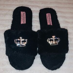 Black fuzzy (Juicy Couture) slippers.